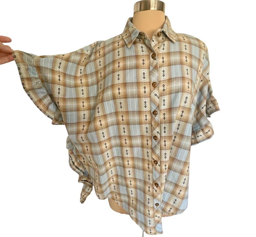 Ivy Jane Plaid Poncho Style Button Down Shirt Sz S/M Ruffle Boho Western Cowgirl